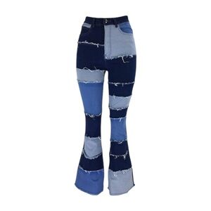 Blue Patchwork Flare Jeans